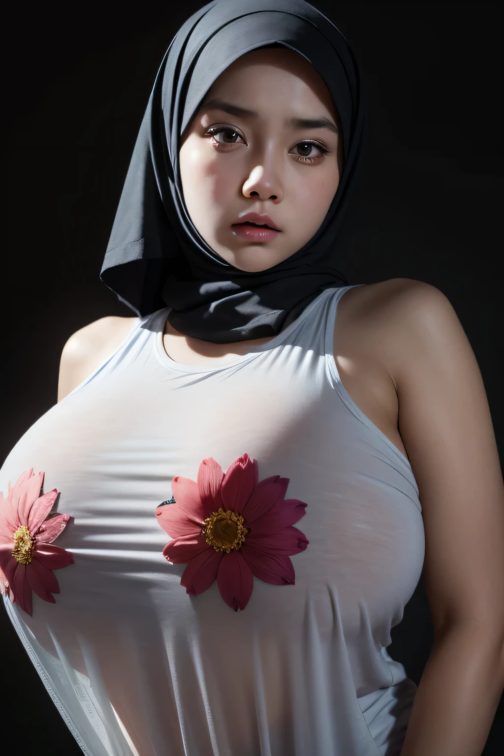 Jumbo (Singlet), Chubby adorable, 1 girl, (face to face), , baby face, angry face expression, half body portrait, (face details: 1), (eye details: 1), ((big breasts)). wearing transparent transparency soft long shirt, hijab, .. Cute posed. proportional body. Ultra High Res. realistic: 1.4, UHD, ((flowers pattern)), ((Bigger:2.3)), (((DARK BACKGROUND)))