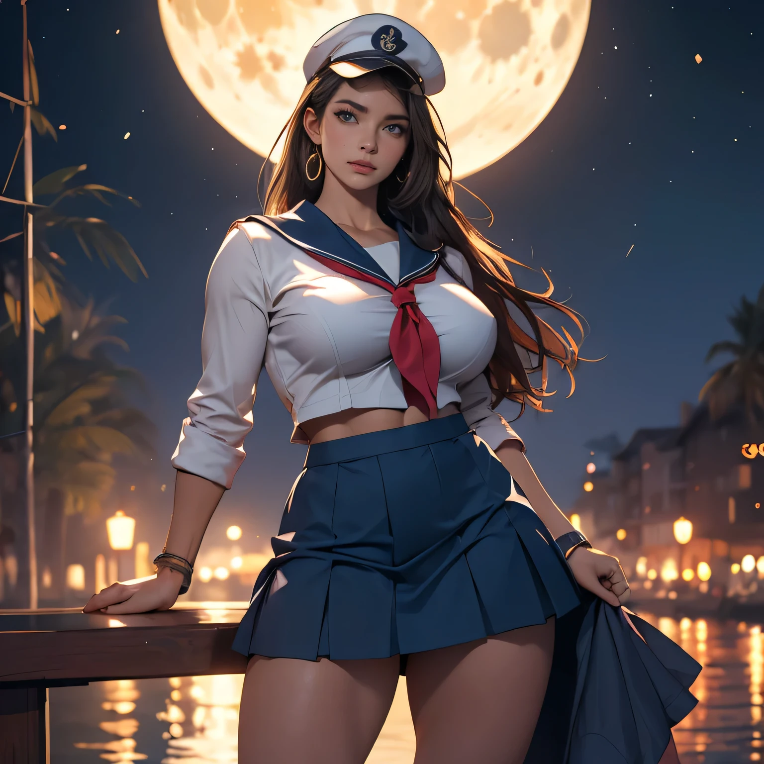 1 woman, Pretty Caucasian (female), Sarah Shahi, a slim but muscular body, huge breasts, dark brown messy hair, blue eyes, (RAW photo), (Realistic), (photo-realistic), ultra high resolution, masterpiece, highest quality, wearing a sailor uniform, ultra miniskirt, sailors cap, sexy thighs, exposed beautiful thighs, wide open chest, exposed large cleavage, huge breast, standing on a boat, in style of artgerm, moon shining, cosplay, a sexy sailor, , award - winning photo, lunar cycles, photo realistic, 8k vibrant colors