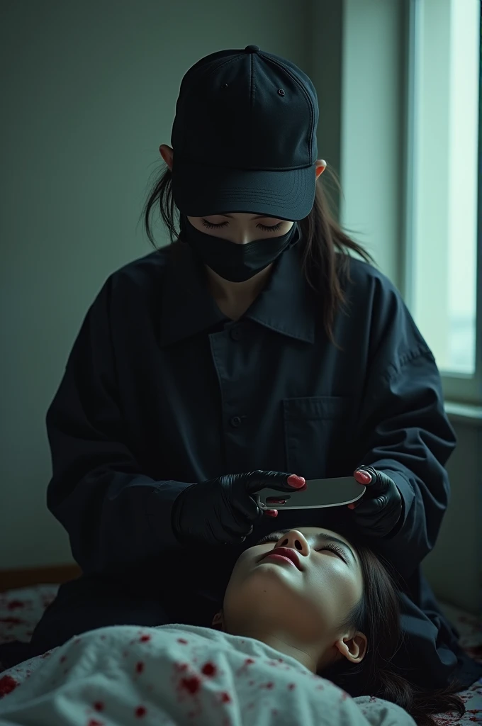 korean girl, (behind stiff, holding knife), stabbing, black surgical mask, black gloves, torture chamber, black raincoat, trucker hat, holding knife, black gloves, woman on top, behind cadaver, blood splatter, on the bed, looking at viewer, mass murderer, killer, low ponytail, blood splatter, cinematic lighting, atmospheric realistic, light from the window,