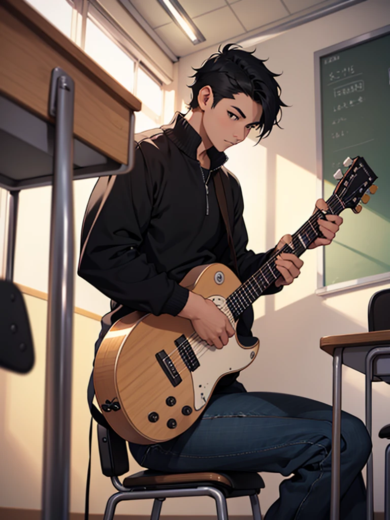A man with short black hair、student、sitting on a chair and playing the guitar in the classroom、low length