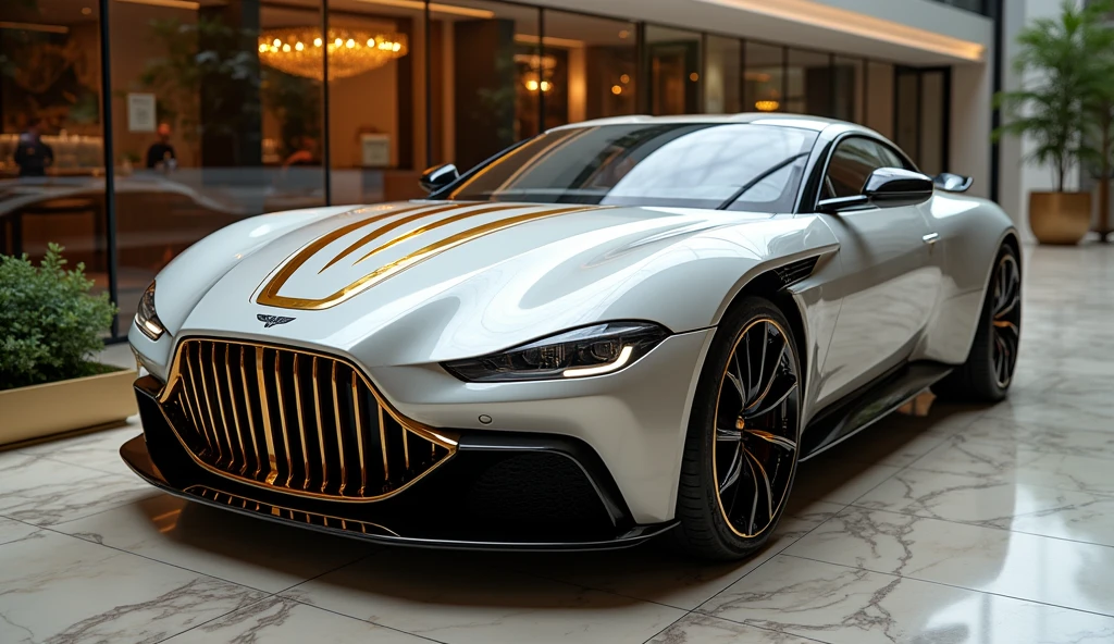 A close-up view of the engine of the new 2025 Aston Martin, featuring a luxurious combination of white and gold, showcased in a high-end showroom. The engine bay highlights the vehicle's advanced engineering with white and gold detailing that enhances its elegant appearance. The components are arranged with precision, showcasing both power and sophistication. The showroom is opulently designed with polished marble floors, expansive glass walls, and stylish decor. The refined lighting accentuates the engine’s premium features and craftsmanship, making it a focal point of luxury and innovation within the elegant environment.