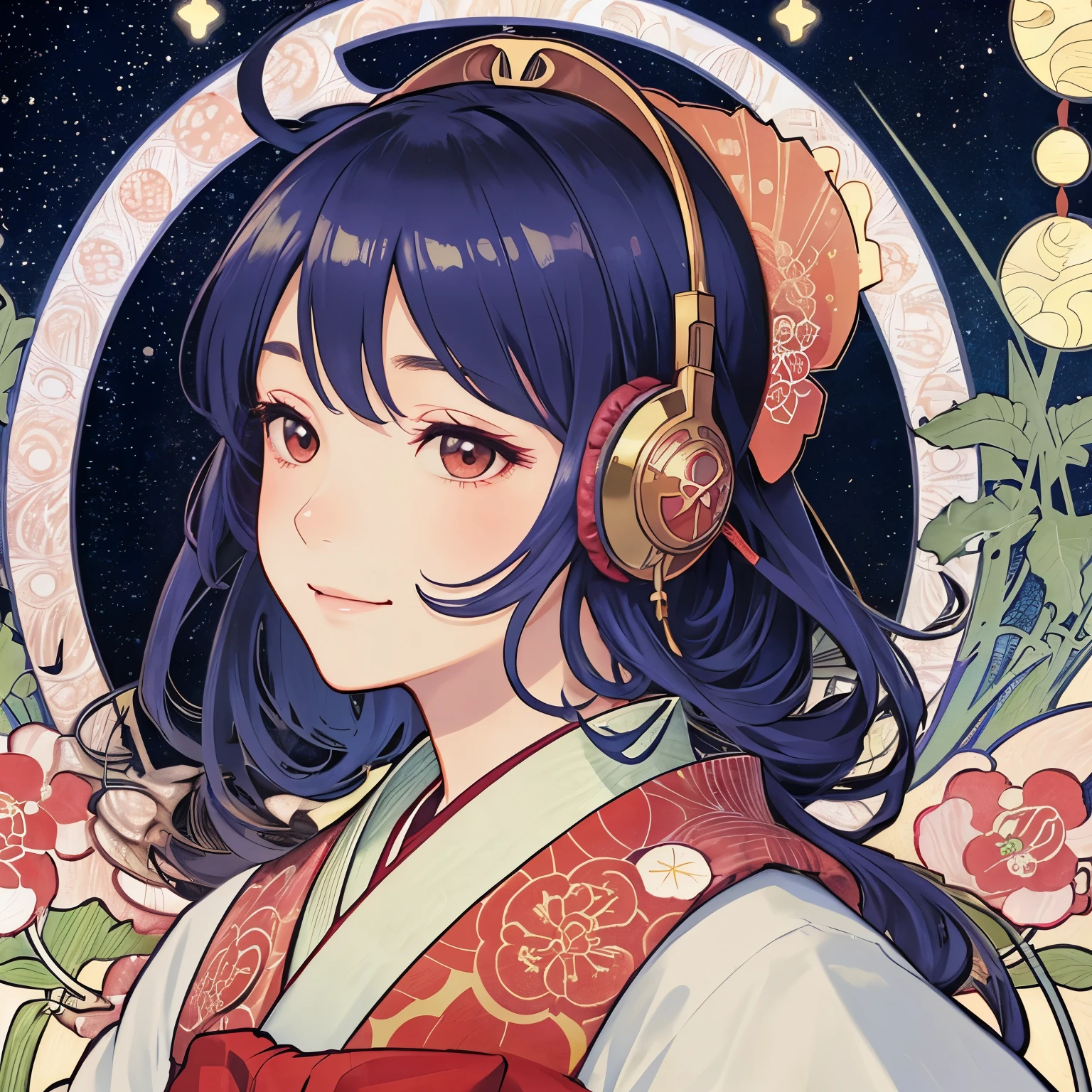 (masterpiece, highest quality, beautiful and aesthetic:1.2), flower jewelry, delicate clothing, ((face)), sharp pupils, gorgeous tiala, cool face, Transparent and beautiful stained glass background, (Alphonse Mucha's), Gradient color hairstyle, Front blur, Ultra-detailed, Soft Light, Gentle colors, solo, japanese clothes, Japanese hairstyle, Medium Hair, flowing hair, profile, oiran, ((headphones)), ((background: night, starry sky)), ((ukiyo-e style)), ((smile)), ((1 girl)),