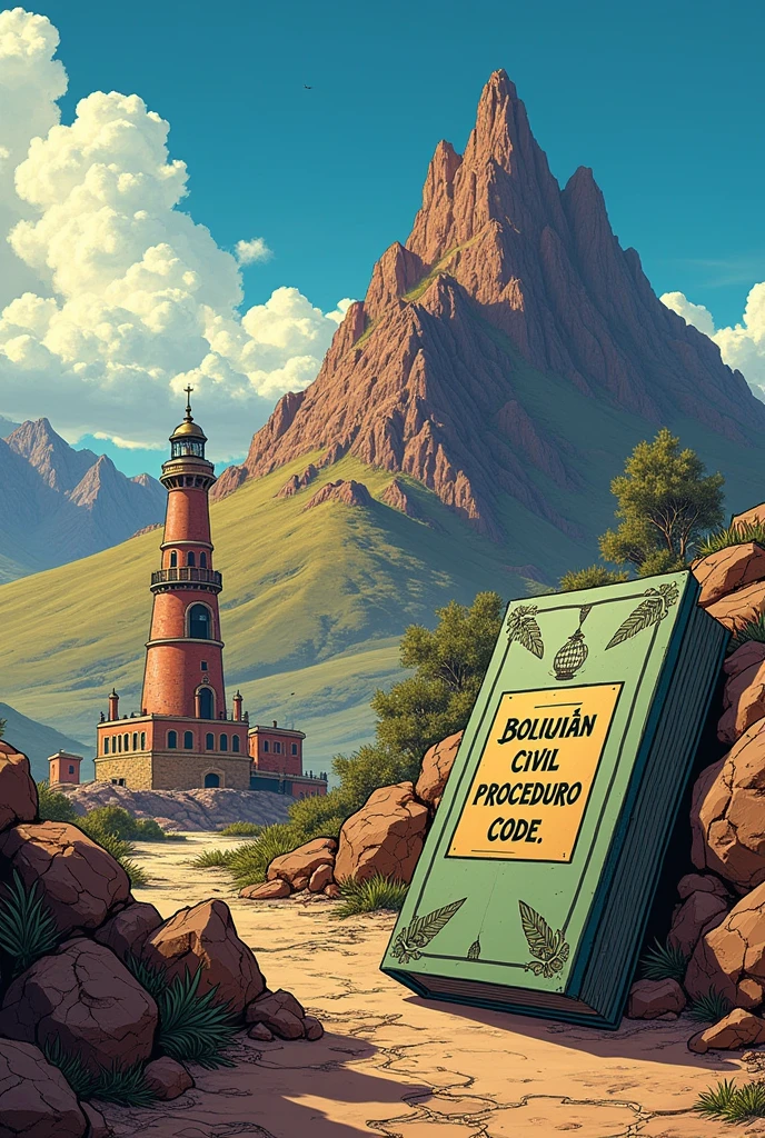 As a comic book cover that has the Sajama hill of Bolivia and the Conchupata lighthouse of the city of Oruro with the image of the work El Bañor Verdadero in the background, there is also a book on one side and on its cover these words are written: Bolivian Civil Procedure Code. well detailed for practical work