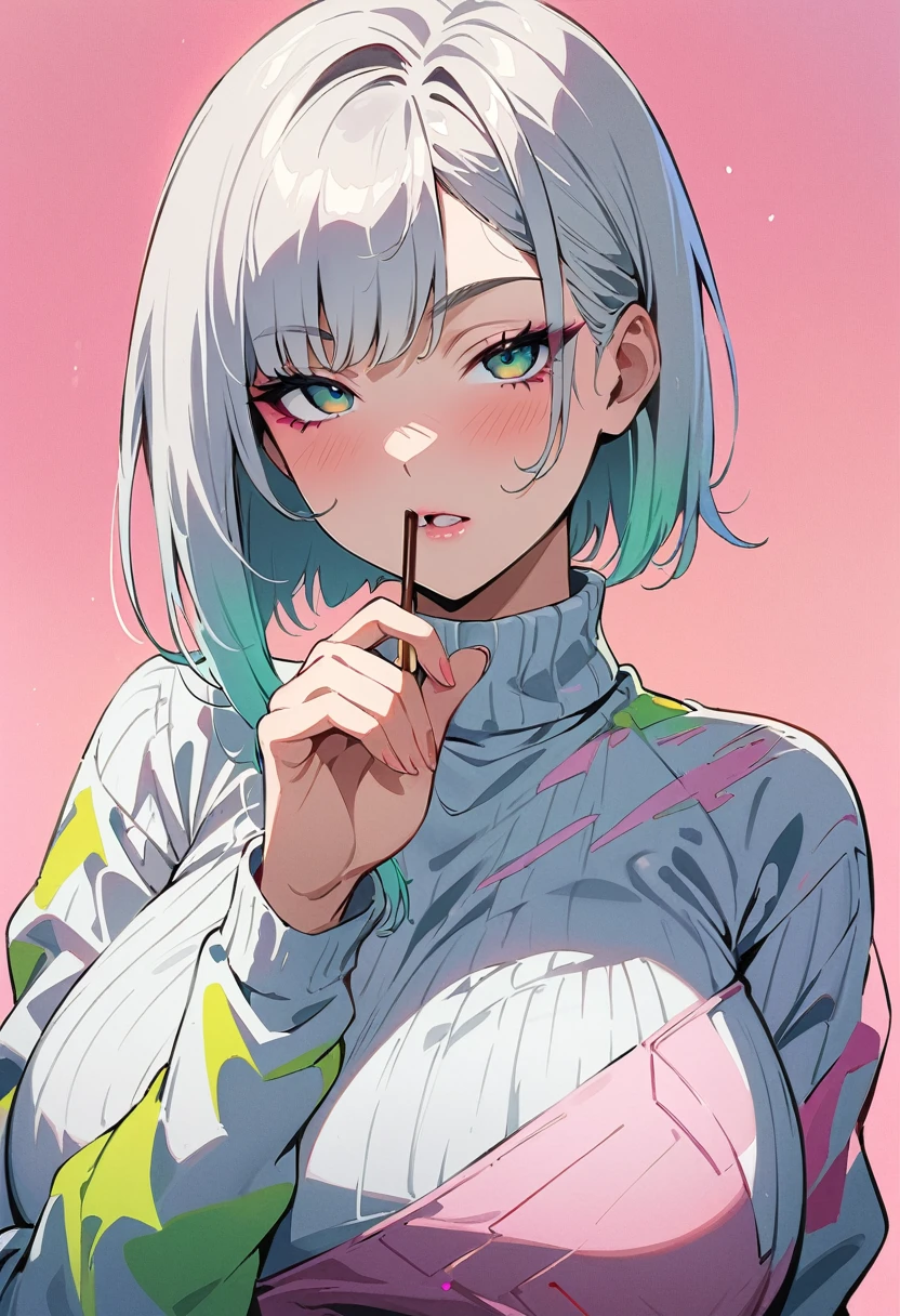 (masterpiece, best quality:1.4), 1 girl, solo, Anime style, Gray pupil, Blurred eyes, Pocky in hand, Pink lower lip, Cyberpunk style makeup, Short silver asymmetrical hair, Asymmetrical short hairstyle, Long bangs on one side, Color highlights, Huge breasts, Black openwork sweater, Pink background.