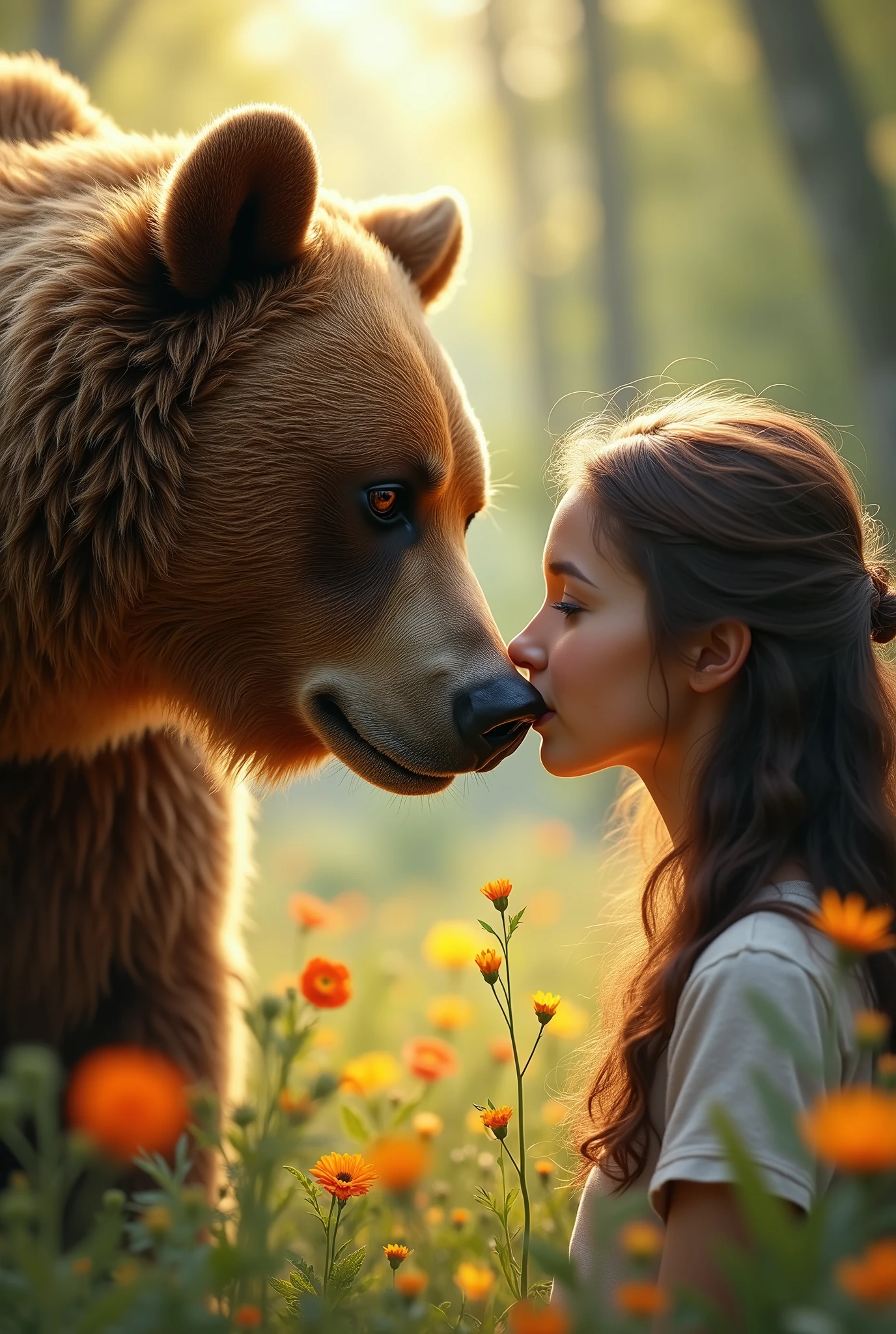 real、photo、animal、bear、Higuma、bearと女性、Bring your face closer、animalとの友情、野生のbear,Growing up in the forest,Cute woman,Flower Field