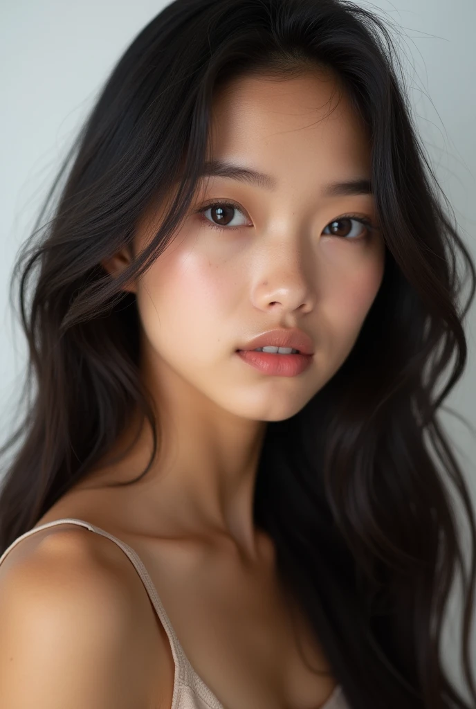 Realistic portrait of a beautiful 1 girl with Latin features, Lightly tanned white skin with a beautiful tan tone, Brown eyes, long dark hair. delicate facial features, Thin and thin lips with realistic texture, beautiful girl model body. regular well formed tits, detailed facial features. ultra realism, maximum resolution, masterpiece. extremely detailed skin, professional photography. white background in professional studio, Professional lighting that highlights the details, pores and skin textures.