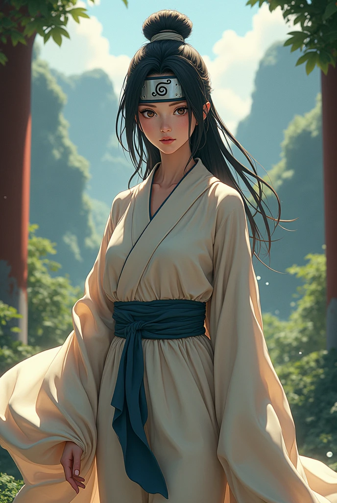 Jolie femme venant de l’univers de naruto avec des vêtement très large avec le bandeau de konoha style anime