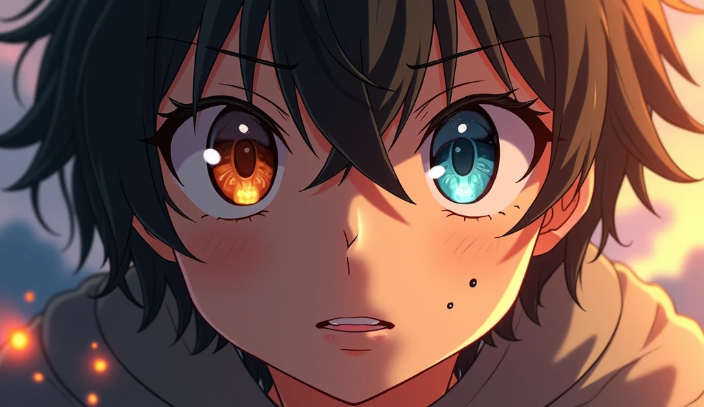 A highly detailed close-up digital illustration of an anime-style character's face, focusing on the eyes, nose, and part of the mouth. The character has large, expressive eyes with one eye being a striking amber hue and the other a sky blue with visible reflections and highlights. Their thick, dark, wavy hair partially frames the face, with strands falling over the forehead and temples, creating soft shadows and highlights. The skin tone is light with subtle freckles, visible scars, and scratches, particularly on the right cheek and forehead, suggesting previous conflict or battle. The nose is prominent, with a subtle highlight on the left side and a small, smooth, pinkish-beige protrusion. The lips are slightly parted, revealing a glimpse of teeth and gums. The character's expression is intense and focused, with a serious demeanor and eyes looking slightly to the left. The lighting is dramatic, featuring warm sunlight from the left side, casting strong shadows on the right side of the face and creating a high-contrast effect that emphasizes the texture of the skin and hair. Small glowing embers or sparks are visible in the midground, adding to the intensity and dramatic atmosphere. The background is blurred, featuring abstract shapes and colors, possibly suggesting a sunset or sunrise, with hints of blue and amber. This creates a mysterious setting. The overall mood is intense and emotional, enhanced by the high contrast, vivid saturation, and balanced exposure of the image. The color palette includes warm hues such as burnt orange, peach, and coral, contrasting with the cool grays and blacks, contributing to the dynamic and visually striking composition. The illustration has an anime-inspired style with highly detailed rendering, creating a realistic yet stylized appearance that emphasizes the character's emotional state and the dramatic lighting.