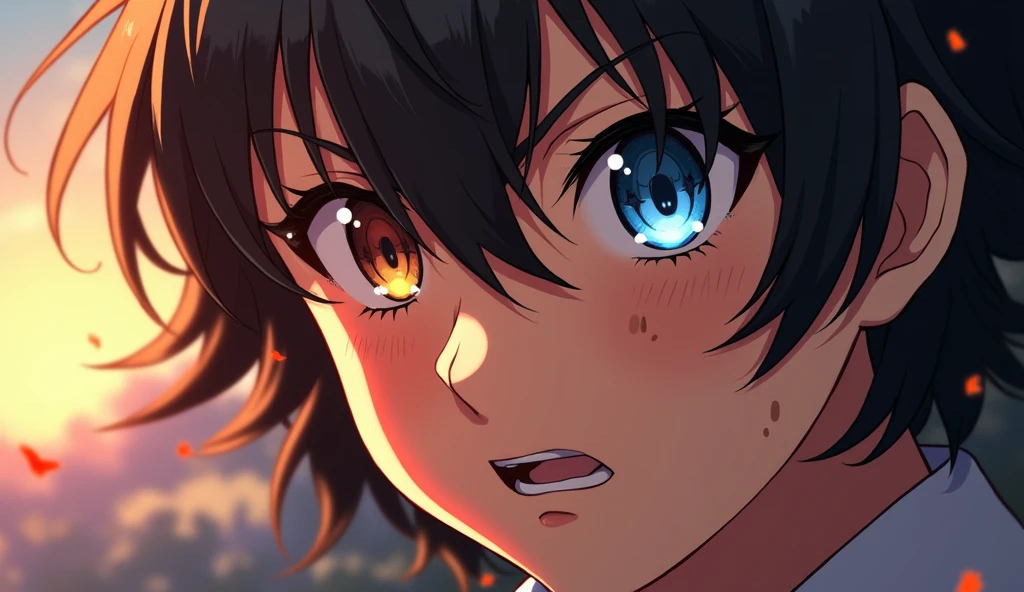 A highly detailed close-up digital illustration of an anime-style character's face, focusing on the eyes, nose, and part of the mouth. The character has large, expressive eyes with one eye being a striking amber hue and the other a sky blue with visible reflections and highlights. Their thick, dark, wavy hair partially frames the face, with strands falling over the forehead and temples, creating soft shadows and highlights. The skin tone is light with subtle freckles, visible scars, and scratches, particularly on the right cheek and forehead, suggesting previous conflict or battle. The nose is prominent, with a subtle highlight on the left side and a small, smooth, pinkish-beige protrusion. The lips are slightly parted, revealing a glimpse of teeth and gums. The character's expression is intense and focused, with a serious demeanor and eyes looking slightly to the left. The lighting is dramatic, featuring warm sunlight from the left side, casting strong shadows on the right side of the face and creating a high-contrast effect that emphasizes the texture of the skin and hair. Small glowing embers or sparks are visible in the midground, adding to the intensity and dramatic atmosphere. The background is blurred, featuring abstract shapes and colors, possibly suggesting a sunset or sunrise, with hints of blue and amber. This creates a mysterious setting. The overall mood is intense and emotional, enhanced by the high contrast, vivid saturation, and balanced exposure of the image. The color palette includes warm hues such as burnt orange, peach, and coral, contrasting with the cool grays and blacks, contributing to the dynamic and visually striking composition. The illustration has an anime-inspired style with highly detailed rendering, creating a realistic yet stylized appearance that emphasizes the character's emotional state and the dramatic lighting.