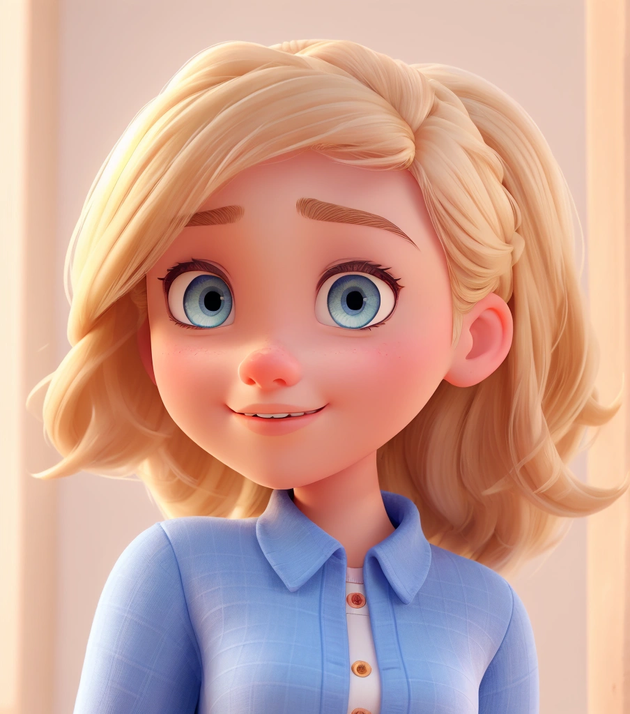 A beautiful young woman inspired by Disney Pixar animation, up close. The character is the center of attention with captivating facial expressions. has blue eyes, medium and blond hair. normal clothes.