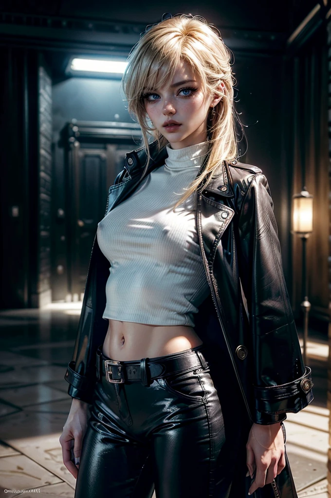cowboy shot,a pretty 2 girl,blond hair,blue eyes,lora_Emma,slim athletic body,tight and stretched white blouse with buttons,button gap,short sleeves,ultra low rise black shiny latex pants,(double metal belt),empty studiobackground,((black coat on shoulders)),(best quality,4k,8k,highres,masterpiece:1.2),ultra-detailed,(realistic,photorealistic,photo-realistic:1.37),dramatic lighting,cinematic,fashion photography,studio lighting,high contrast,vivid colors,beautiful detailed eyes,beautiful detailed lips,extremely detailed eyes and face,long eyelashes, touching hair