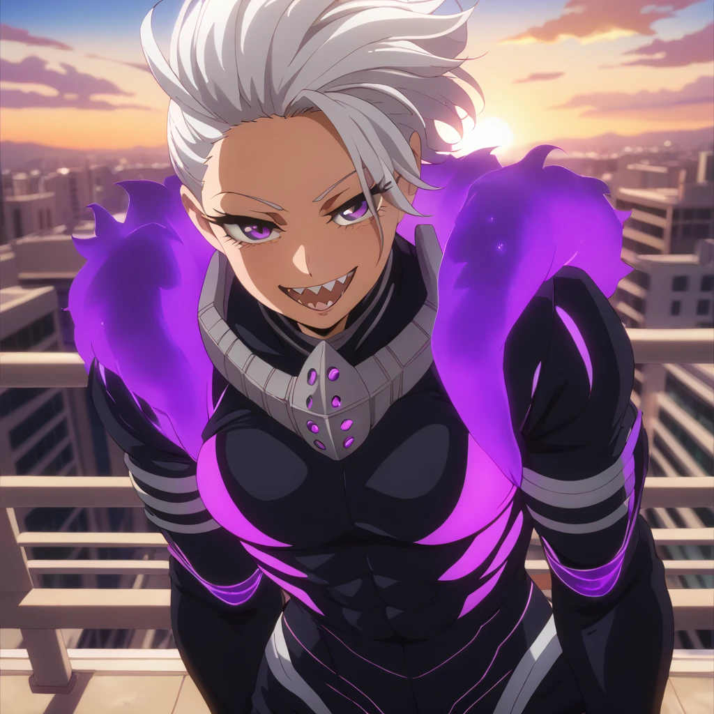 (NSFW) Detailed, best quality, 1 female, big arms, purple aura, cowboy shot, big tits, MHA style, black body suit, heavy artillery suit, gloves, white hair, bowl cut hair style, hair spiking, purple eyes, fully lidded eyes, evil eyes, large open smile, sharp teeth, stocky, very muscular, balcony, city background, beautiful sunset sky