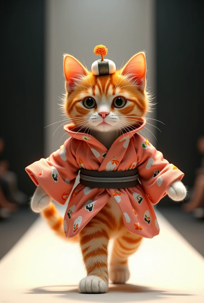 (photorealism:1.2), cute ginger cat, wear sushi clothes, walking on runway