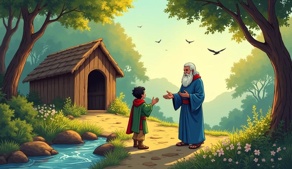 Here’s the updated prompt for number 6 with added background details:
6. **Sage Bhaskar welcoming Arav**: Comic style. **Arav a young warrior**, bows respectfully as Sage Bhaskar greets him in front of the simple wooden hut. The clearing is peaceful, surrounded by tall trees with sunlight filtering through the leaves, creating a warm, golden light. The stream in the background flows gently, and there are a few wildflowers blooming near the hut, adding to the serene atmosphere. Arav's expression is a mix of respect and curiosity. He’s dressed in his green cloak, with the red scarf clearly visible. The sage, with his long white beard and blue eyes, gestures for Arav to enter, his white robes flowing gently in the breeze. In the distance, a few birds are flying across the sky, enhancing the tranquility of the scene.
