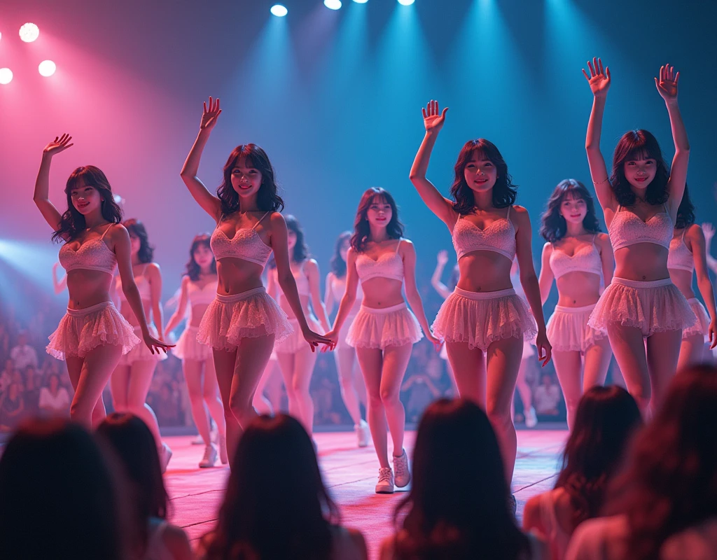 Big Breasts、Nipples、A group of 10 female students standing in a row、Short Hair、ponytail、1 Female、(Super beautiful)、(Facial beauty:1.5)、(Spread your legs:1.3)、(String panties:1.5)、concert、stage、Idol、dress、one piece、White socks、(Black background、長袖 dress:1.5)、Black background High Heels、(At SFW:1.3)、(Bare legs:1.1)