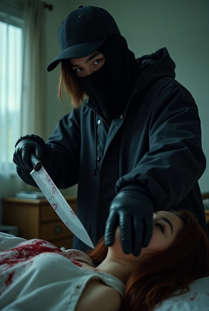korean girl, (behind stiff, holding knife), stabbing, black balaclava mask, black gloves, girl's room, black raincoat, trucker hat, bloody knife, black gloves, woman on top, behind cadaver, blood splatter, on the bed, looking at viewer, mass murderer, killer, blood splatter, dark atmosphere, cinematic lighting, atmospheric realistic, light from the window, close-up,