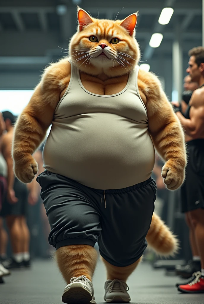 Here is a prompt for the above message:
"Generate an image of a 7-foot tall, overweight cat in a gym, wearing a tiny tank top and sweatpants, lifting heavy weights and running on a treadmill with determination, while surrounding gym-goers watch in shock and awe at the cat's dedication