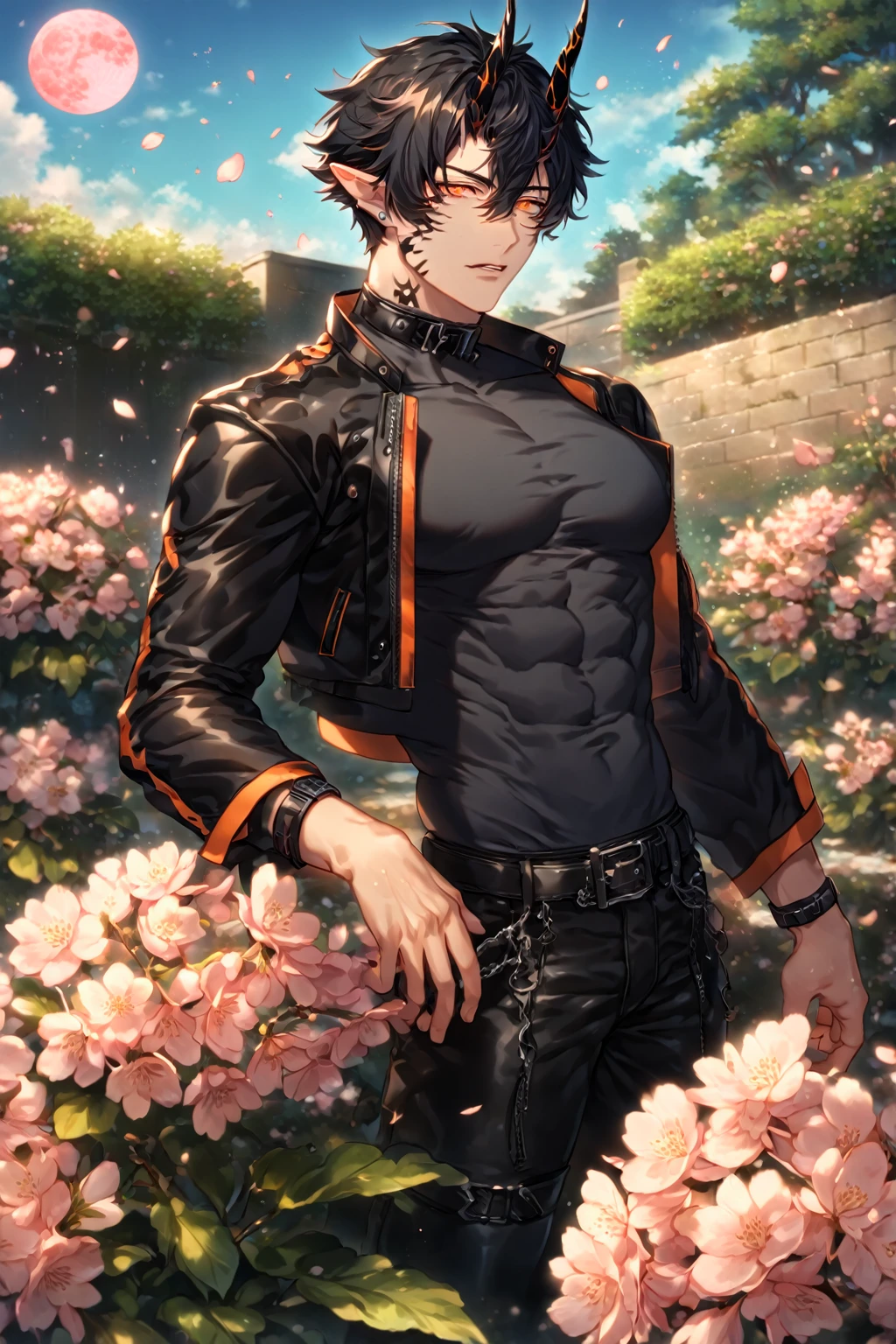 absurdres, highres, ultra detailed, HDR) master piece, best quality, extremely detailed, detailed face, detailed eyes, delicated features, Flamebringer, black hair, expressive orange eyes, Arknights, solo, sexy man, handsome, toned, sensual, black horns, slightly pointed ears, black marks on the face, cropped leather jacket with orange patterns, tight turtleneck shirt, collar, black leather pants, cherry blossoms, garden, pink flowers, fantasy, magical, pink moon, blue sky
