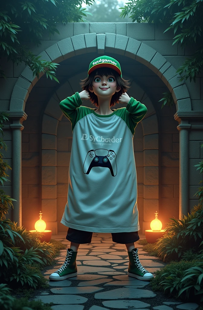 Create a 3D male influencer character of approximately youthful age and appearance . He is tall. His facial expression is friendly and smiling., with big green eyes that convey a sense of curiosity and joy. your hair is short, brown in color and slightly disheveled, visible under the CAP. His cap is green and has the word "Soulgamer" printed on the front. He wears a white T-shirt with a PS5 controller image printed on it.. He wears a green hooded jacket over a white t-shirt and matching cap.. He wears loose black pants that fit comfortably over green sneakers that match his jacket and cap., with white shoelaces tied tightly. He is standing with the fist of one of his hands clenched while the fist of his other hand is raised as if in celebration.. The character is in a setting similar to an RPG game.