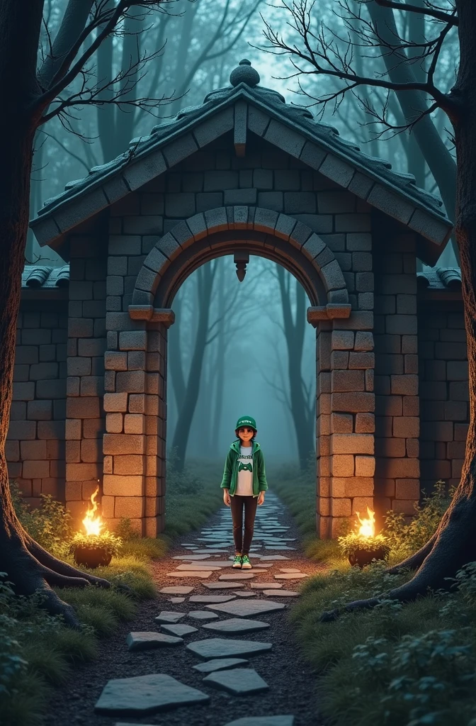 Create a 3D male influencer character of approximately youthful age and appearance . He is tall. His facial expression is friendly and smiling., with big green eyes that convey a sense of curiosity and joy. your hair is short, brown in color and slightly disheveled, visible under the CAP. His cap is green and has the word "Soulgamer" printed on the front. He wears a white T-shirt with a PS5 controller image printed on it.. He wears a green hooded jacket over a white t-shirt and matching cap.. He wears loose black pants that fit comfortably over green sneakers that match his jacket and cap., with white shoelaces tied tightly. He is standing with the fist of one of his hands clenched while the fist of his other hand is raised as if in celebration.. The character is in a setting similar to an RPG game.