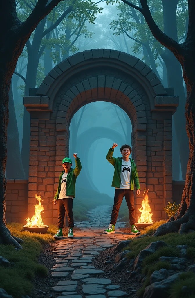 Create a 3D male influencer character of approximately youthful age and appearance . He is tall. His facial expression is friendly and smiling., with big green eyes that convey a sense of curiosity and joy. your hair is short, brown in color and slightly disheveled, visible under the CAP. His cap is green and has the word "Soulgamer" printed on the front. He wears a white T-shirt with a PS5 controller image printed on it.. He wears a green hooded jacket over a white t-shirt and matching cap.. He wears loose black pants that fit comfortably over green sneakers that match his jacket and cap., with white shoelaces tied tightly. He is standing with the fist of one of his hands clenched while the fist of his other hand is raised as if in celebration.. The character is in a setting similar to an RPG game.