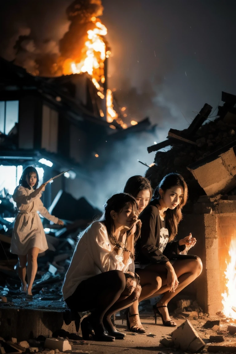 Five women in burning rubble, wounds, blood, explosion, Tokyo, rain, detailed real photo