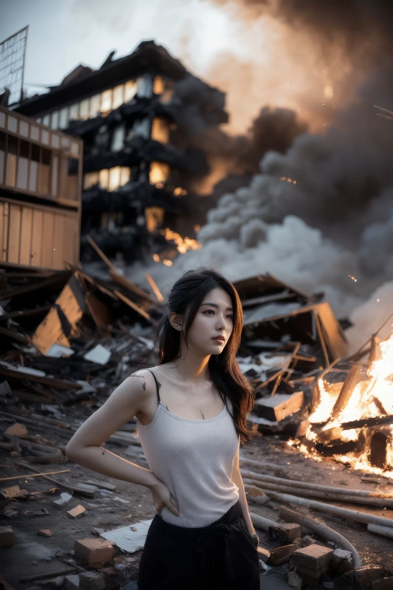 Giantess usando vestido curto, GTS cidade, tsunami, City buildings, smoke billowing, nuvem, tornado, raios, Evil, realistic lighting, salto em altura, de baixo,
