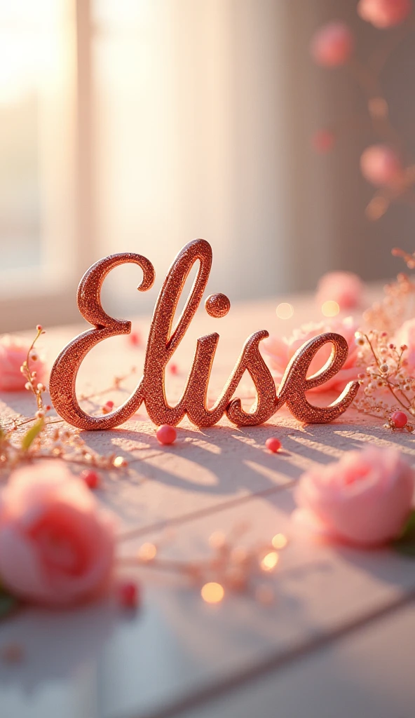 Create an elegant image featuring the name 'Elise' written in a stylish and artistic font. Use a refined and sophisticated typeface, such as a cursive or modern calligraphy, with graceful curves and ornate details. The name 'Elise' should be the focal point of the image, with harmonious colors that blend well with the background. Add subtle decorative elements, like floral motifs or light glimmers, to enhance the beauty and elegance of the text. The background should be simple and aesthetically pleasing to highlight the name."