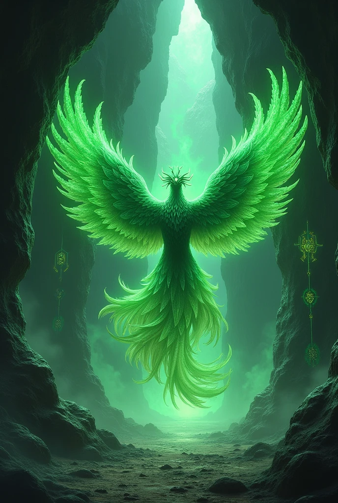Domain expansion green emerald phoenix in a cave