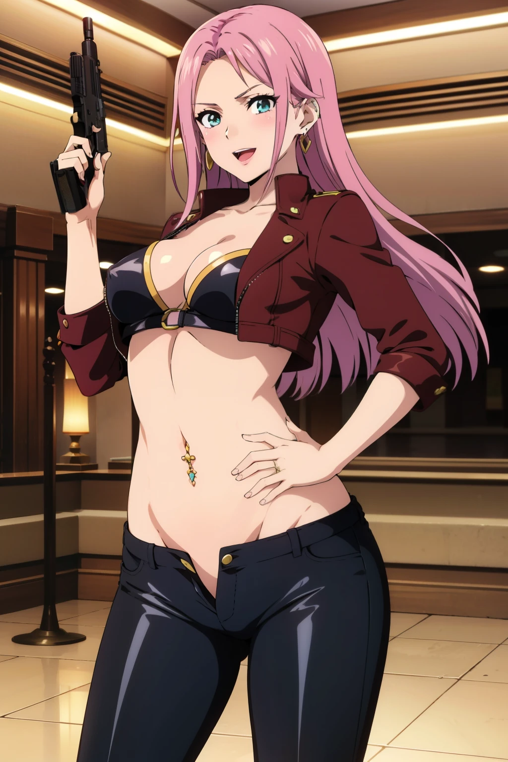 elise, mature woman, 25 yo, anime cels style, 1girl, medium breasts, beautiful face, long hair, mall, shopping center,indoors, blush, lipstick, jewelry, earrings, Hot girl, baddie, mean girl, sensual, attractive, masterpiece, best quality, highly detailed, a girls with a gun, evil smile , open mouth, sexy gaze, badass pose , evil smile, smile, guns blazing, anime girl with long hair, beautiful long haired girl, navel, evil expression, exposed belly, exposed navel, exposed midriff, exposed lower belly, long black pants, crop top, cleavage, unbuttoned leather pants ,open fly, low rise black leather pants, leather jacket, holding a gun, holding pistol,navel piercing