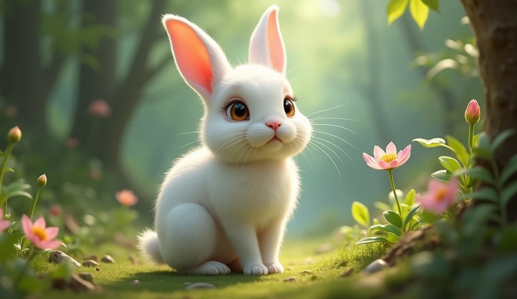 detailed white rabbit, 1 young child rabbit, cute, small, forest background, 10cm size, mythical world, (best quality,4k,8k,highres,masterpiece:1.2),ultra-detailed,(realistic,photorealistic,photo-realistic:1.37),hyper realistic, Disney