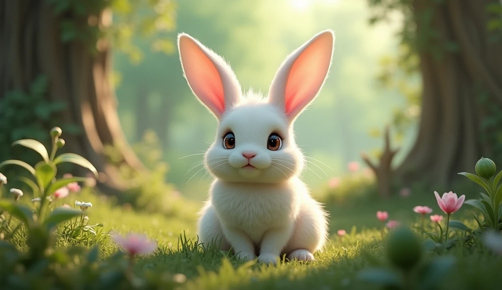 detailed white rabbit, ung child rabbit, cute, small, forest background, 10cm size, mythical world, (best quality,4k,8k,highres,masterpiece:1.2),ultra-detailed,(realistic,photorealistic,photo-realistic:1.37),hyper realistic, Disney