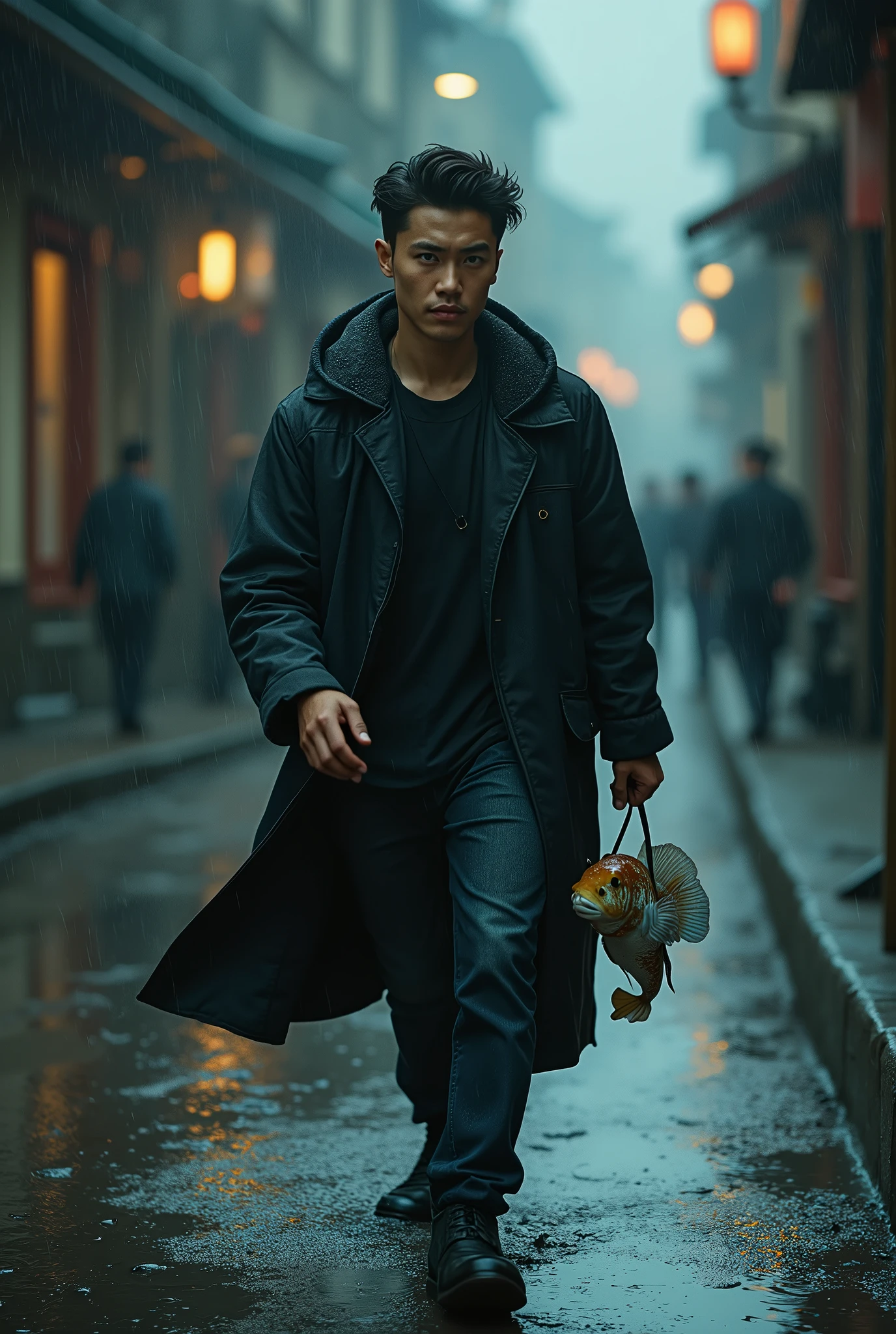 a young man walking with fish in the street, raining, pet, detailed eyes, detailed facial features, dynamic pose, photorealistic, 8k, highres, dramatic lighting, moody atmosphere, muted color palette, rainy city street, realistic textures, intricate details, masterpiece