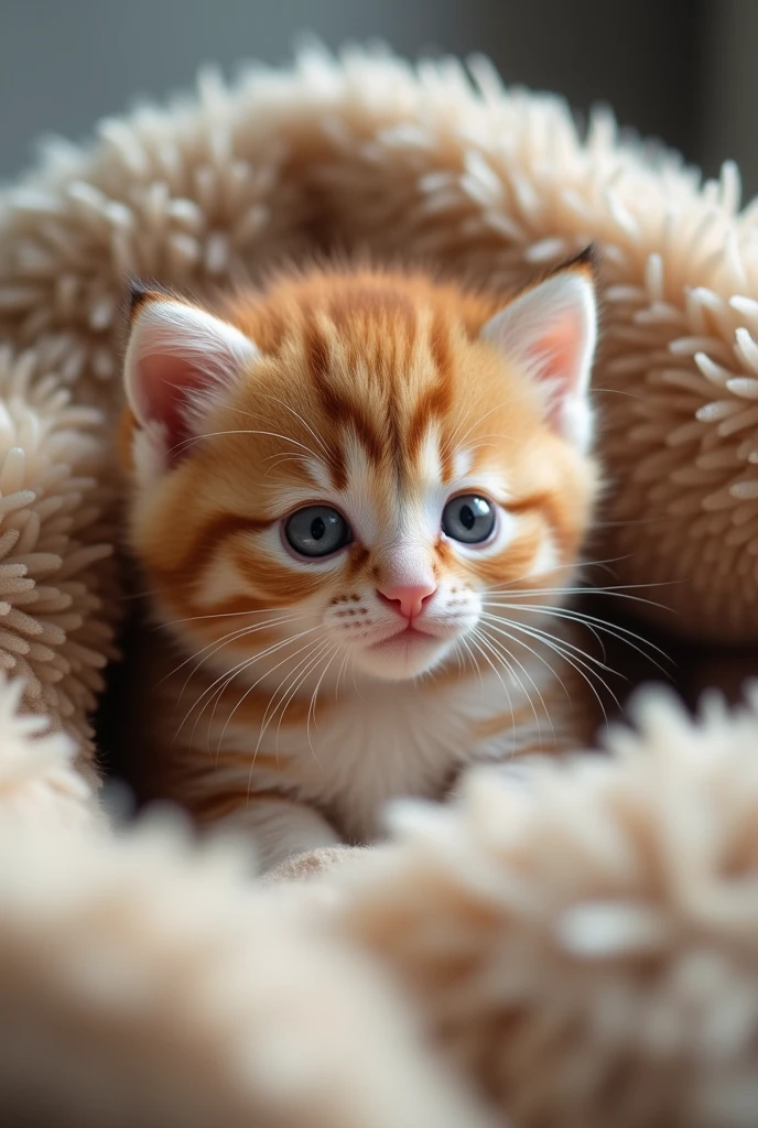 Close-up of a small, fluffy cat sitting on a soft, cozy blanket.