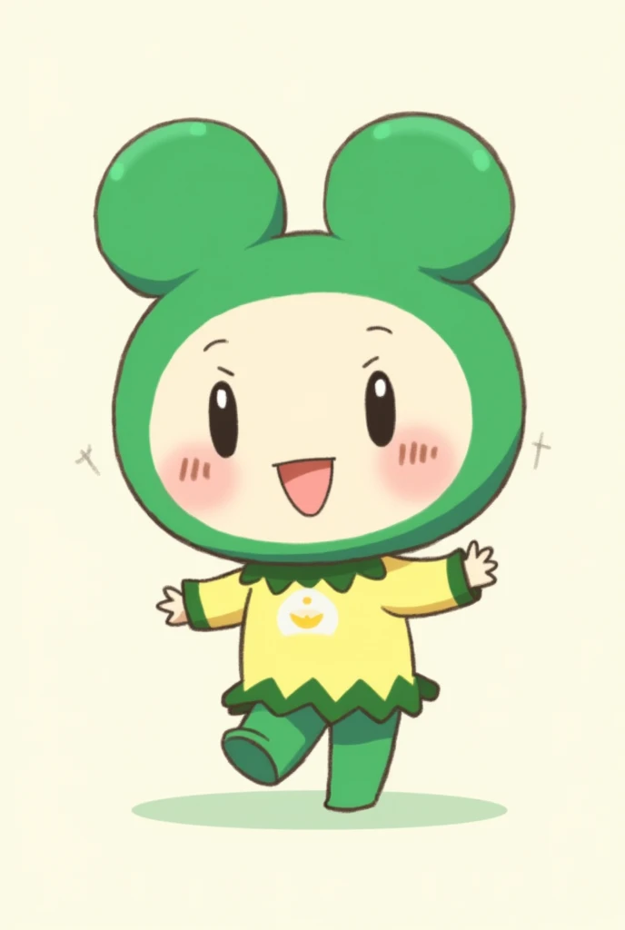 「Two-headed Zundamon anime character。A big round head with a green bun-like hairstyle。With a bright and cheerful smile、She wears cute clothes with a green base.。In a waving pose、The background is simple in color」
