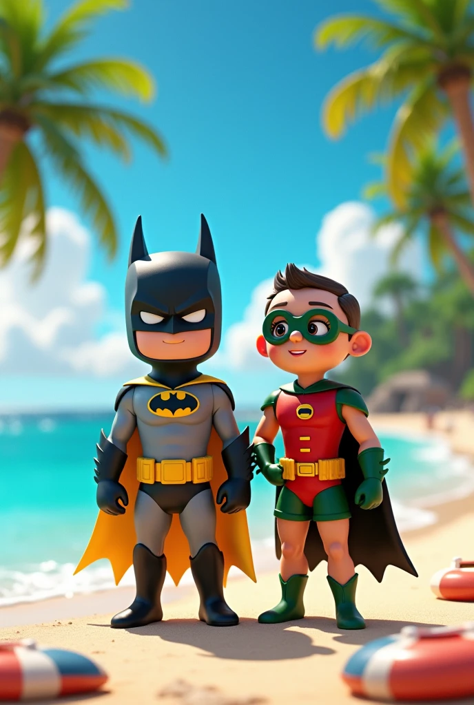 Batman and Robin wearing beaches costume, at a beach resort. disney pixar 3d