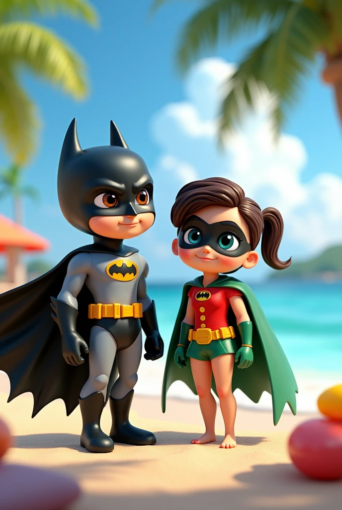 Batman and Robin wearing beaches costume, at a beach resort. disney pixar 3d