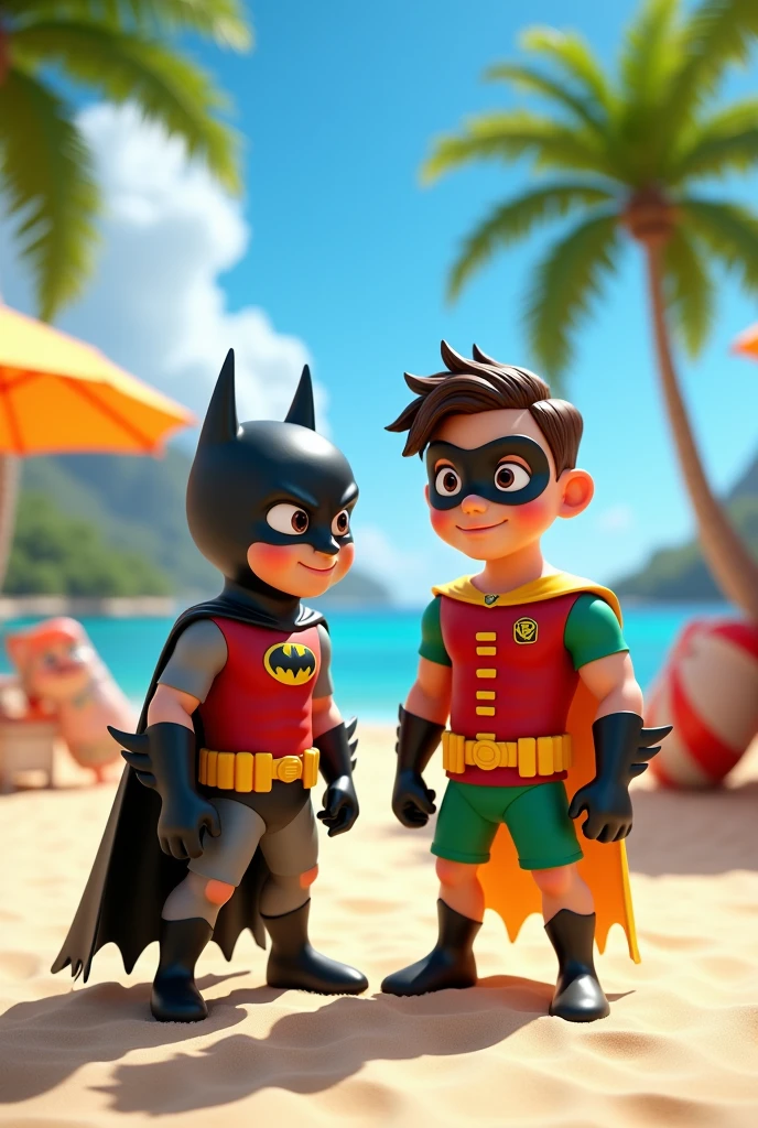 Batman and Robin wearing beaches costume, at a beach resort. disney pixar 3d