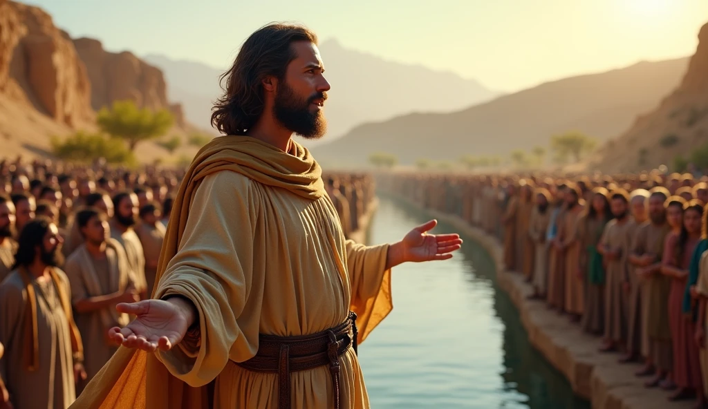 biblical history,
John, with camel's hair garments and a leather belt on the banks of the Jordan River where crowds gathered to hear him. He will baptize you with the Holy Spirit and with fire.