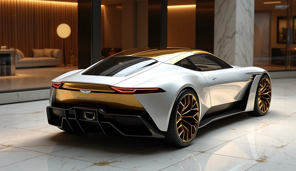 Rear view of the latest and most advanced 2025 Aston Martin, featuring a striking combination of white and gold colors with a glossy finish. The image should be in high-definition to capture the detailed design of the rear end and the reflective quality of the glossy white and gold body. The Aston Martin is showcased in a luxury showroom with polished marble floors, expansive glass walls, and sophisticated decor. Ensure that the rear design, the elegant color combination, and the luxurious showroom environment are clearly visible.