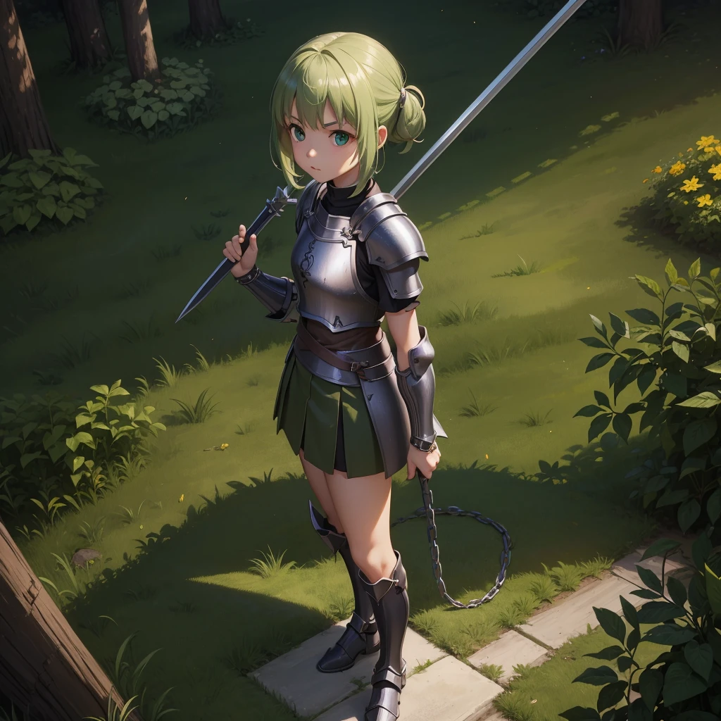 最high quality、high quality、Simple Cloth Armor、１０Year-old girl adventurer、Equipped with a weapon that has a short chain at the end of a stick and a spiked iron ball at the end of the chain、In a dark maze、Dark green armor