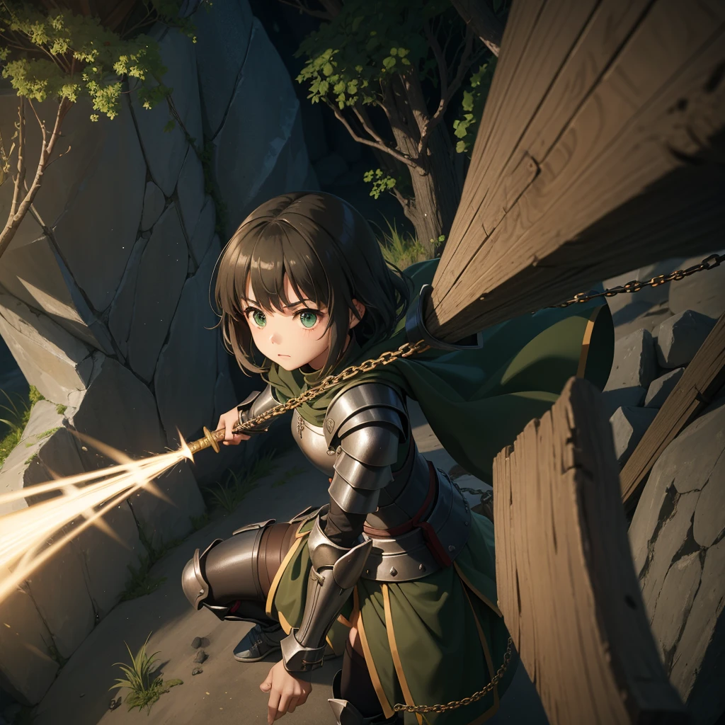 最high quality、high quality、Simple Cloth Armor、10Year-old girl adventurer、Equipped with a weapon that has a short chain at the end of a stick and a spiked iron ball at the end of the chain、In a dark maze、Khaki Green Armor