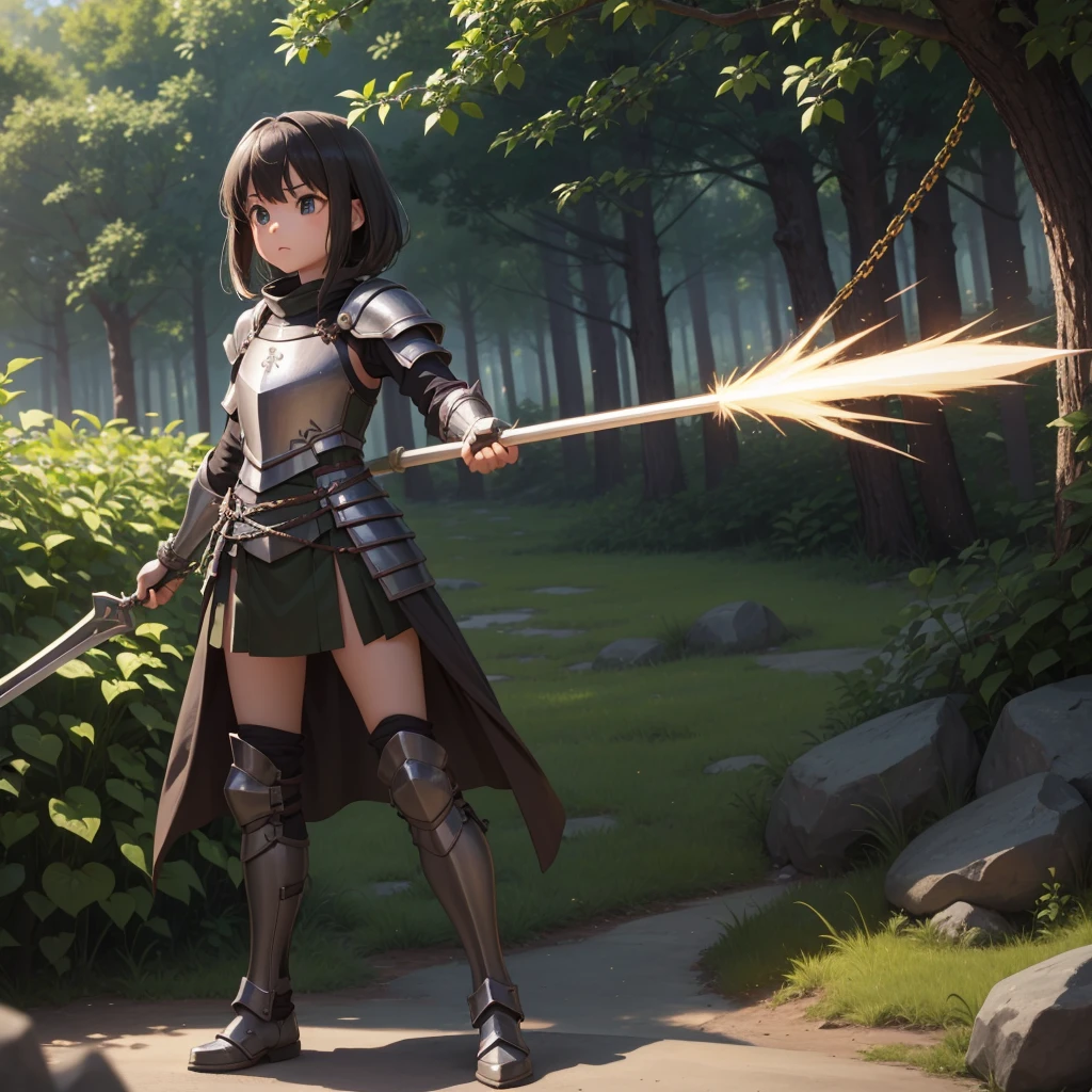 最high quality、high quality、Simple Cloth Armor、10Year-old girl adventurer、Equipped with a weapon that has a short chain at the end of a stick and a spiked iron ball at the end of the chain、In a dark maze、Khaki Green Armor