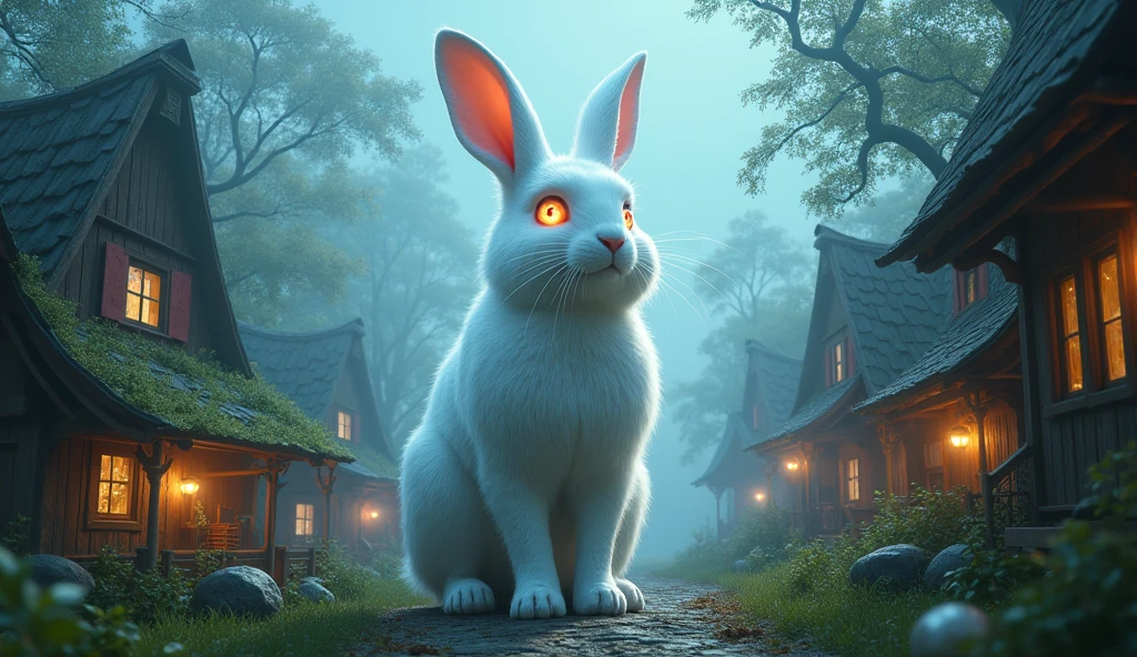 a  white rabbit, 1 meter tall, mystical creature, fierce glowing eyes, small village background, mythical world, (best quality,4k,8k,highres,masterpiece:1.2),ultra-detailed,(realistic,photorealistic,photo-realistic:1.37),hyper realistic,intricate details,dramatic lighting,vibrant colors,cinematic composition