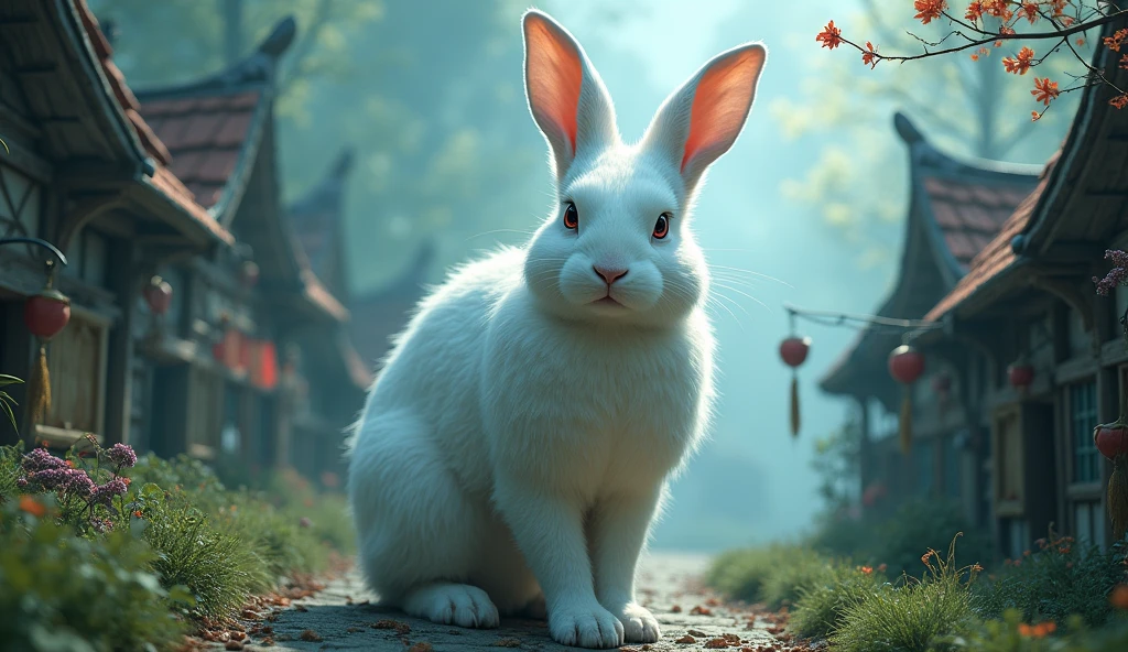 a white rabbit, 1 meter tall, mystical creature, fierce glowing eyes, small village background, mythical world, (best quality,4k,8k,highres,masterpiece:1.2),ultra-detailed,(realistic,photorealistic,photo-realistic:1.37),hyper realistic,intricate details,dramatic lighting,vibrant colors,cinematic composition