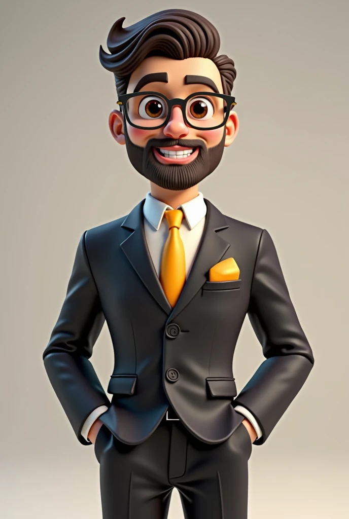 A full body 3D cartoon character. He has a friendly and charismatic appearance. The character is a young man with fair skin, a beard and dark brown hair combed up, thick eyebrows, large brown eyes and wears glasses. He is smiling confidently. The character is dressed formally, wearing a black suit, white shirt and yellow tie. In his jacket pocket there is a yellow handkerchief, matching his tie. He has both hands in his pockets and his relaxed posture suggests confidence and ease. The background of the image is neutral, which highlights the character even more.