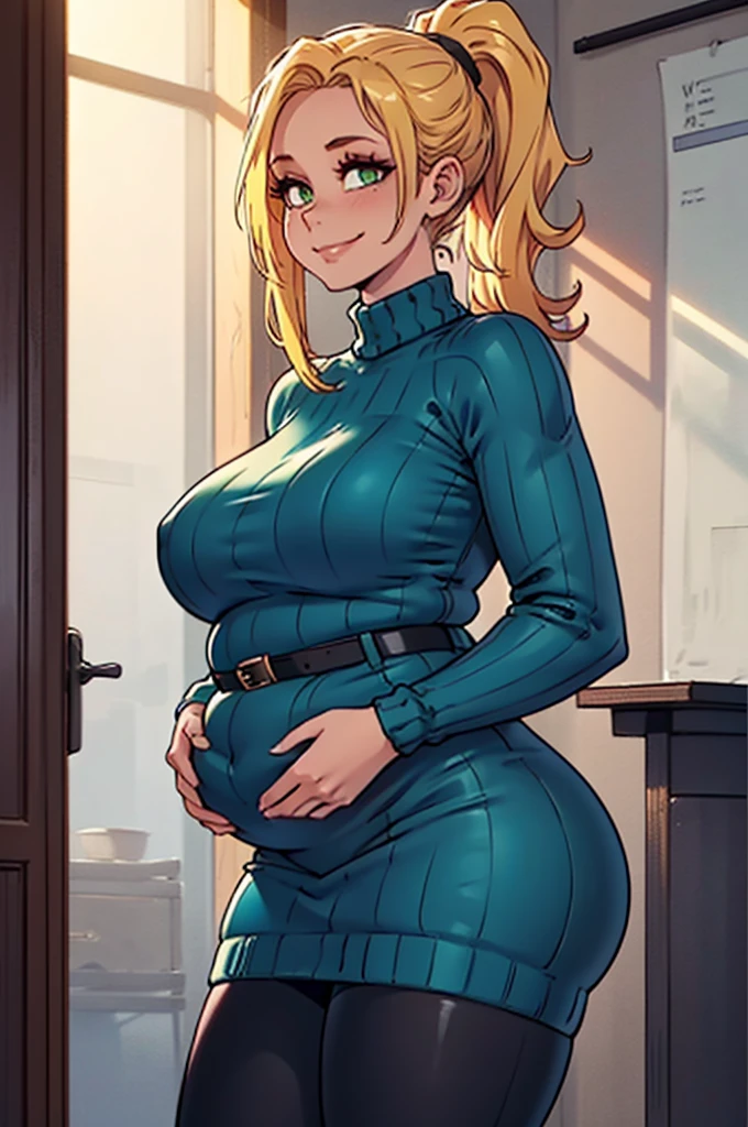 ((Masterpiece, best quality, perfect lighting, amazing shading)), (perfect anatomy, realistic proportions), field of depth, extremely beautiful, 1girl, (blonde hair), ponytail, green eyes, (neon blue sweater), leggings, (((chubby))), (ribbed sweater dress), exposed shoulders, black undershirt, high waisted belt, black tights, cute smile, inside cozy apartment Livingroom background, detailed background, (cowboy shot)