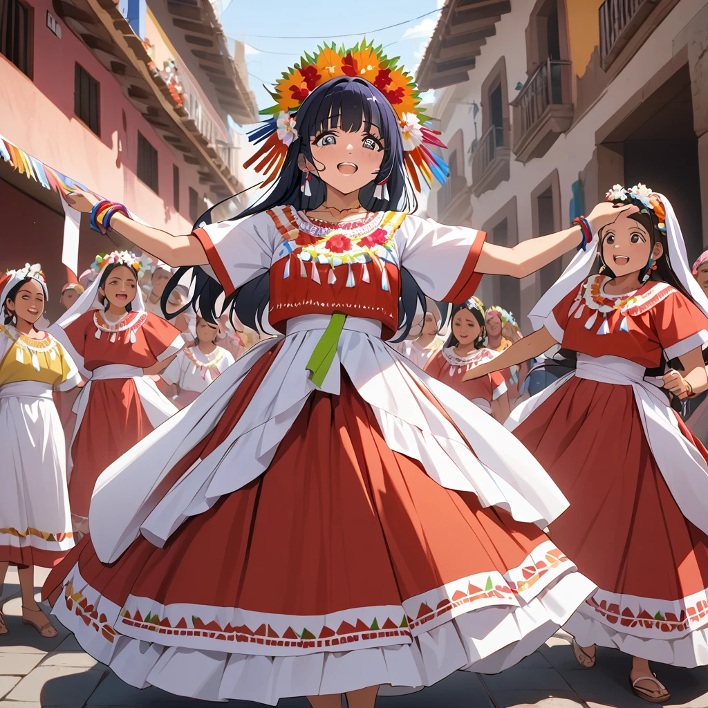 ((Highest quality)), ((masterpiece)), (detailed), (Perfect Face)、The woman is Reika Aoki with semi-long hair、A woman is dancing in a Guelaguetza costume in Guelaguetza, Mexico