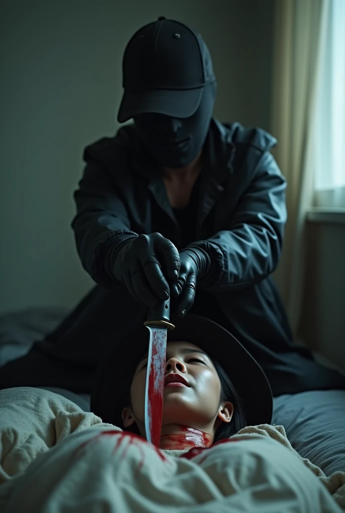 korean girl, (behind stiff, holding knife), stabbing, black balaclava mask, black gloves, ly, black raincoat, trucker hat, bloody knife, black gloves, woman on top, behind cadaver, blood splatter, on the bed, looking at viewer, mass murdereler, blood splatter, dark atmosphere, cinematic lighting, atmospheric realistic, light from the window, close-up,