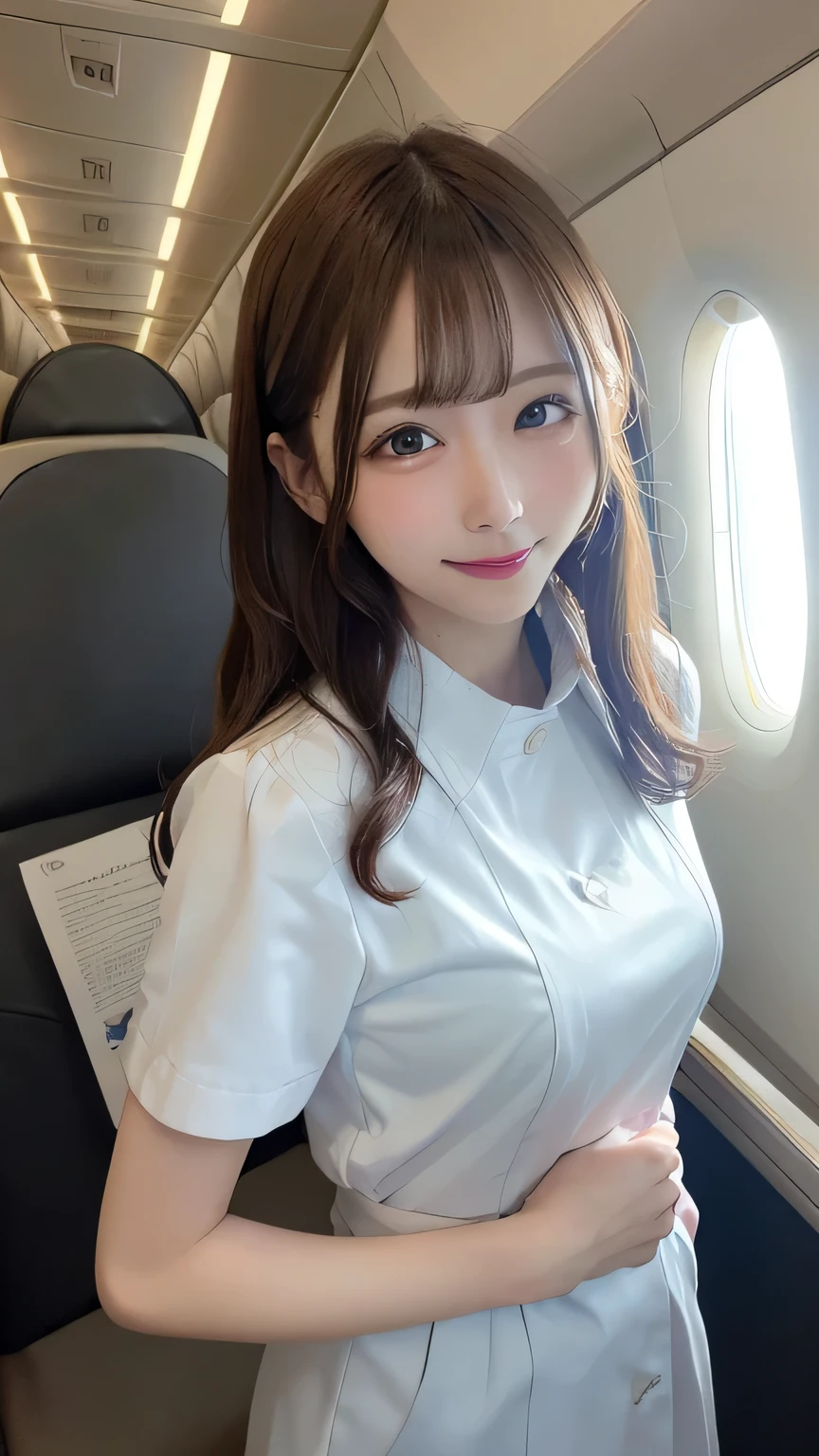 top-quality、masterpiece、超A high resolution、(Photorealsitic:1.4)、Raw photo、1人、Brown hair with bangs、drooing eyes、thin-waist、Colossal tits、CA Uniform、On the plane、slim figure、Light smile with visible teeth